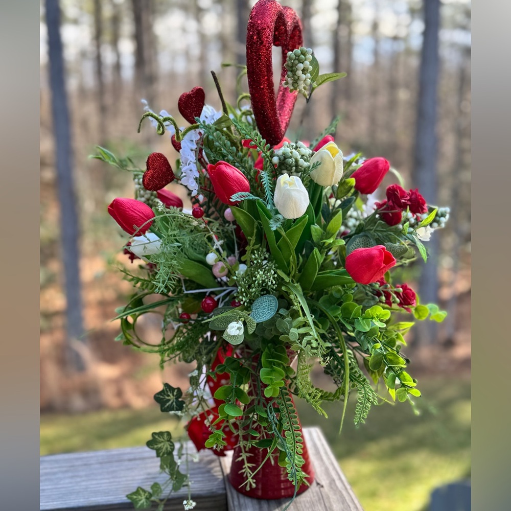 Red and White Real Touch Tulip Floral Arrangement - Picture 9 of 10